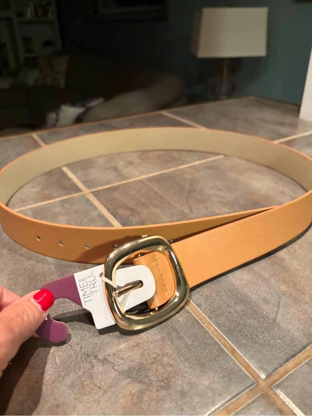 Time and Tru Tan Belt with Gold Square Buckle